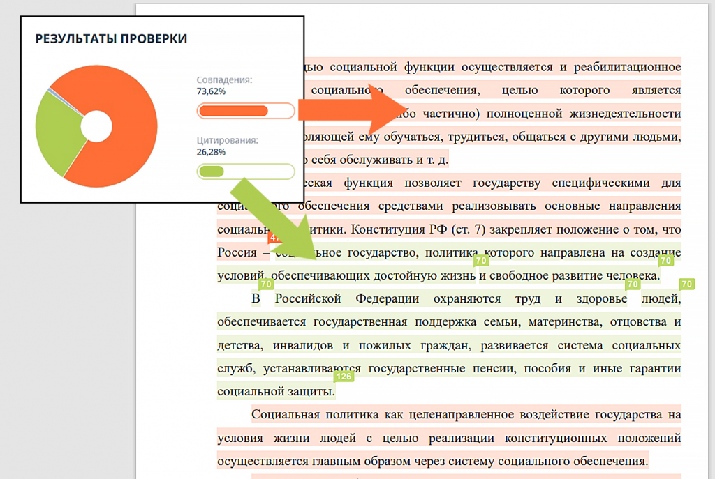 пример результата проверки антиплагиат с указанием в тексте совпадений и цитированием