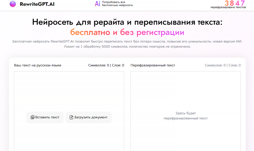 нейросеть для рерайта текста