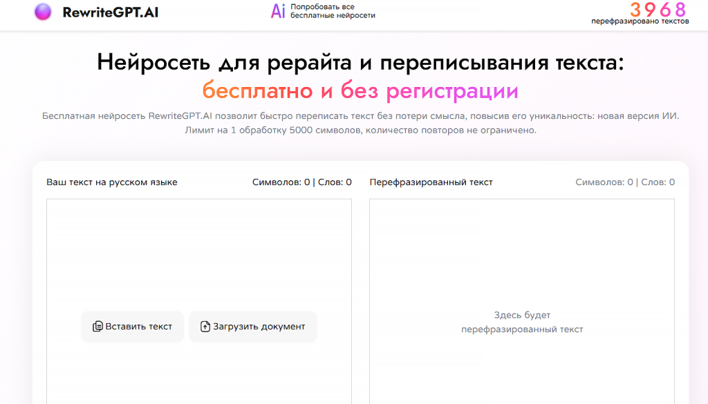 нейросеть для рерайта текста